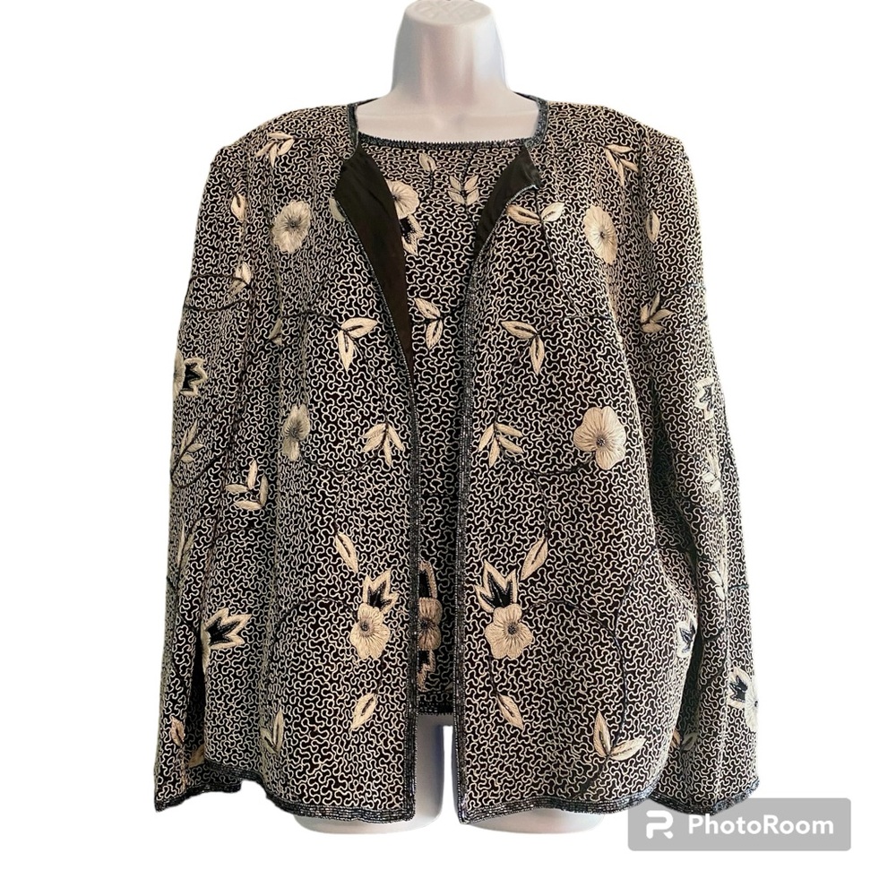 Adrianna Papell Occasions Beaded Embroidered Silk Floral Top Jacket Set 14W